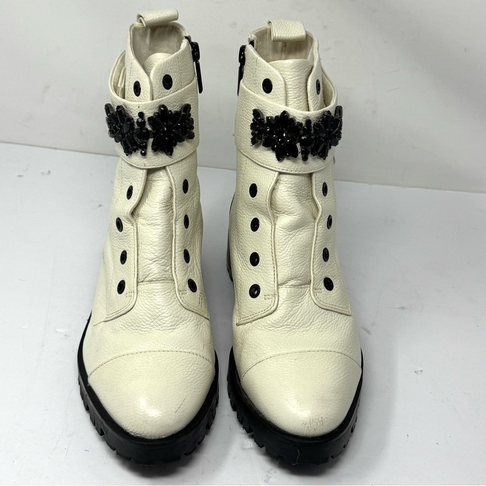 Karl Lagerfeld Pippa Cream Leather Lug Sole Ankle Boots Rhinestone Strap 9.5 - Picture 3 of 8